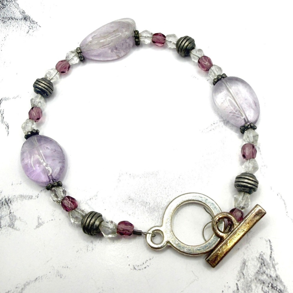 Lavender Stone Bracelet Silver Tone Toggle Jadeite Iolite Style‎